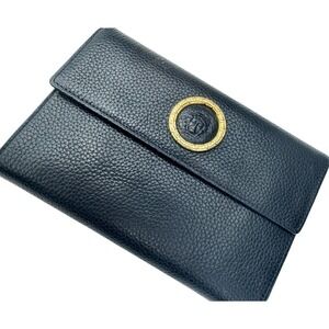 Gianni Versace Vintage '90s Navy Pebbled Leather Medusa Head Wallet Italy